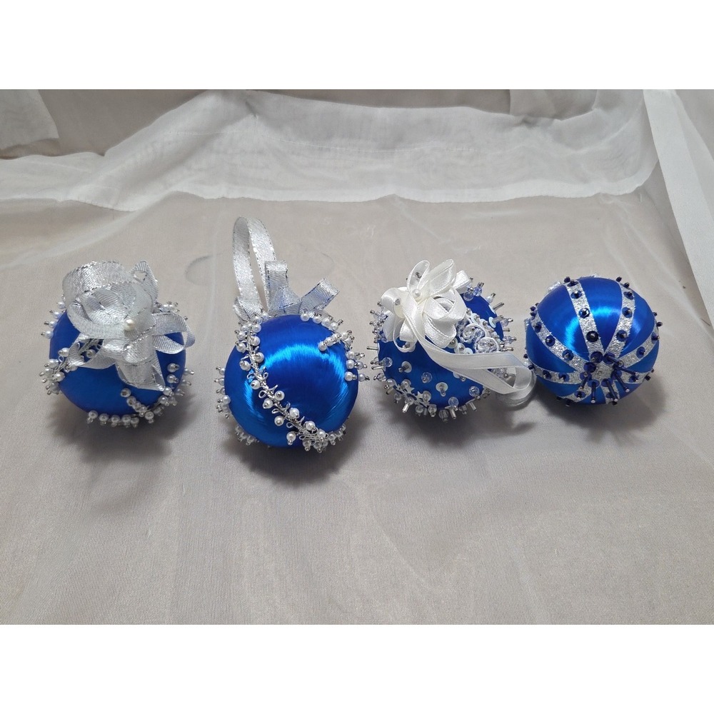 Vintage Handmade Christmas Ornaments With Ribbons- Set of 4 Royal Blue & White‎